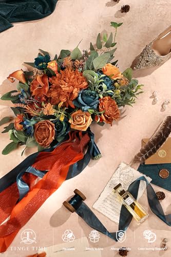 TINGE TIME 13 Inch Burnt Orange & Dark Teal Wedding Bouquets for Bride, Bridal Bouquet for Bride, Artificial Silk Rose for Graduation Bouquet, Fake Flowers for Fall Wedding Ceremony and Anniversary - color: Burnt Orange & Dark Teal