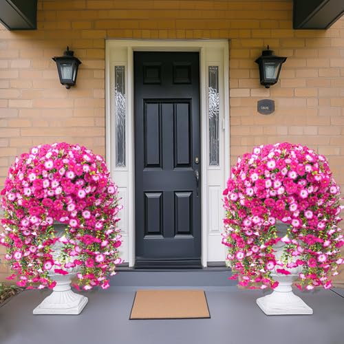 Dolicer 2 Packs Look Real Artificial Flowers for Outdoors, Fake Artificial Hanging Flowers for Outdoors Realistic UV Resistant Hanging Flowers Silk Petunia Faux Flowers for Porch Patio(Mixed Fuchsia) - color: Mixed Fuchsia, size: 2 packs