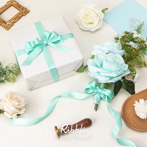 Ribbli Aqua Blue Satin Ribbon 5/8 inch x Continuous 25 Yards,Double Faced Satin Use for Craft, Gift Wrapping, Christmas Ornaments, Hair Bows, Bouquet Bows - color: Blue Aqua, size: 5/8 inch