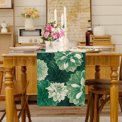 Deep Green Dahlia Flower Summer Table Runner Green Gray Burlap Table Runners, Spring Floral Seasonal Coffee Table Center Decor for Home Kitchen Dining Party Indoor Outdoor 13x108 Inch - color: Deep Green, size: 13" x 108", Table Runner
