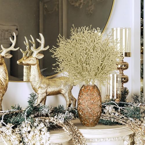 Winlyn 15 Pcs Christmas Artificial Cedar Sprays Champagne Glittered Faux Cedar Branches Stems Christmas Tree Ornament Picks 14.4" for Christmas Tree Wreath Wedding Bouquet Holiday Centerpiece - color: Champagne