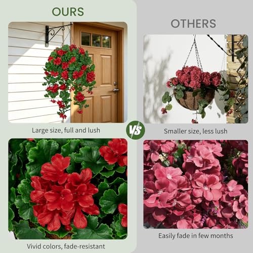 Artificial Hanging Geraniums Flower Plants with Basket for Outdoor Decoration, UV Resistant Hanging Fake Red Geranium Flowers Realistic Front Porch Garden Patio Home - color: Red, size: Large