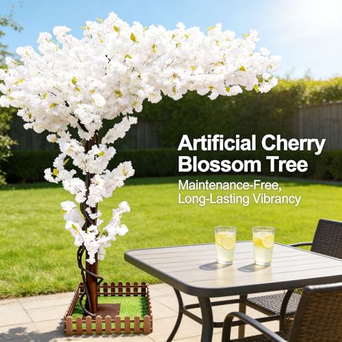 Artificial Cherry Blossom Trees Large 6.6ft for Indoor Outdoors,Faux Fake White Cherry Blossom Tree for Living Room Wedding Party Office Shopping Hotel Restaurant Home Decor - color: White, size: 6ft 7in