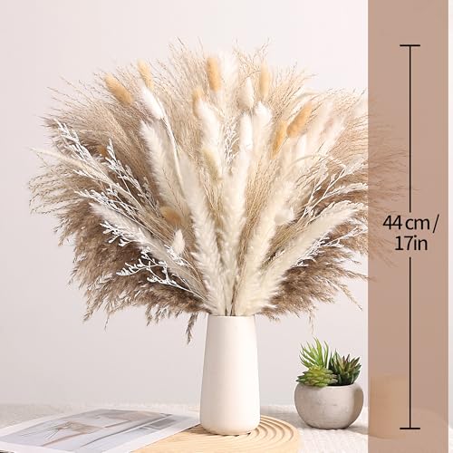 Dried Pampas Grass Bouquet White and Brown Boho Floral Arrangement Wedding Decor and Rustic Home Decor Faux Pampas Grass Tall Centerpiece for Table and Vase (Natural Harmony) - color: Natural Harmony