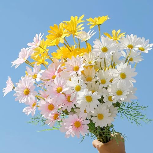NatureMan Artificial Flowers 12 Bundles Artificial Silk Daisy UV Resistant Outdoor Fake Wildflowers with Stems Daisy Arrangements for Home Hotel Office Garden Decoration (White, Yellow, Pink) - color: White, Yellow, Pink