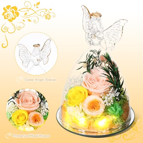 Mothers Day Rose Gifts for Women Preserved Real Flower in Glass Angel Figurines Roses for Delivery Prime Birthday Gifts for Mom Grandma Girlfriend Wife Her, Champagne Austin Roses - color: Champagne With Austin Roses
