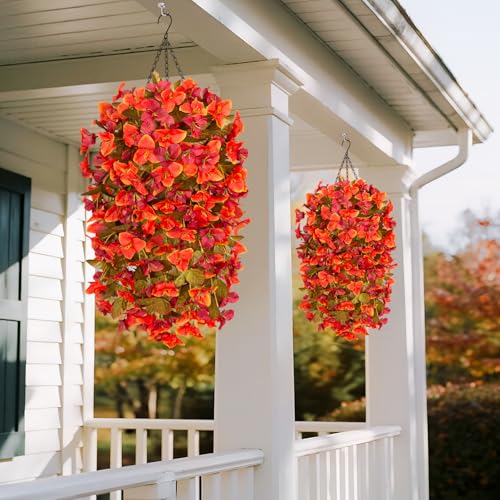 INXUGAO 2 pcs Artificial Faux Bougainvillea Fall Flowers Plants for Outdoor Outside Decoration, Fake Silk UV Resistant Long Trailing Vines for Front Door Porch Planter Balcony Decor - color: Orange Red