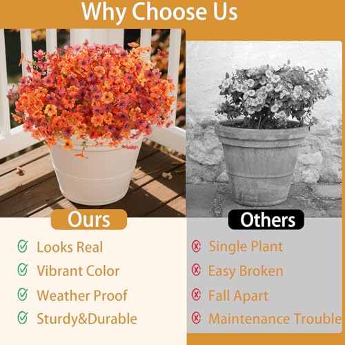 Artificial Fall Flowers for Outdoor, 12 Bundles 4 Colors Faux Mums Fake Fall Plants for Decoration, UV Resistant No Fade Silk Plastic Flower for Autumn Porch Patio Planters Windowbox Yard Garden - color: Orange Autumn Red