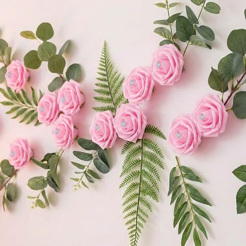 100Pcs Real Looking Pink with Diamonds Artificial Rose Flower Heads, Foam Fake Roses for DIY Wedding Decorations Baby Shower Centerpieces Home Party Valentine's Day Mother's Day Decor - color: 100pcs Pink With Diamonds