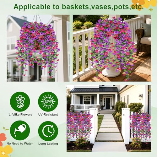 Artificial Hanging Flowers for Outdoors Decorations 2 Pack, Fake Hanging Flowers, UV Resistant Artificial Hanging Plants outdoors for Home Porch Patio Balcony Baskets Yard(Purple & Rose Red) - color: Purple Rose Red