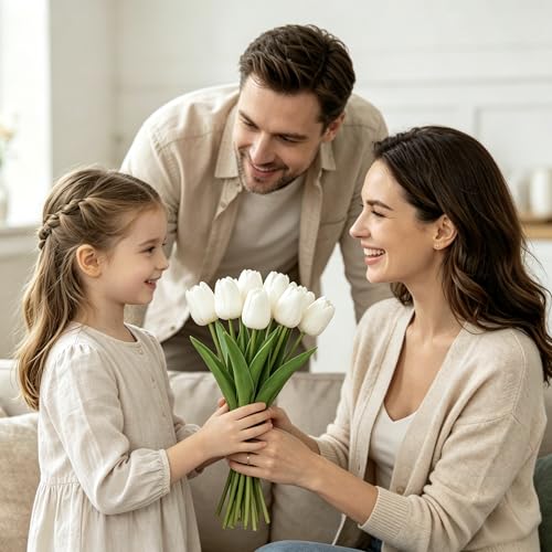 25Pcs Tulips Artificial Flowers, Faux Tulips Artificial Tulips Real Touch Tulip Fake Flowers Bouquets for Spring Wedding Home Kitchen Office Party Decor (White) - color: White