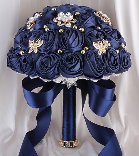 Sharebeauty 8.3" Handmade Satin Rose Bridal Bouquet Toss Round Wedding Bouquet Throw Toss Artificial Flower Bunch Navy Blue - color: 809a Navy Blue, size: 8.3"/21cm