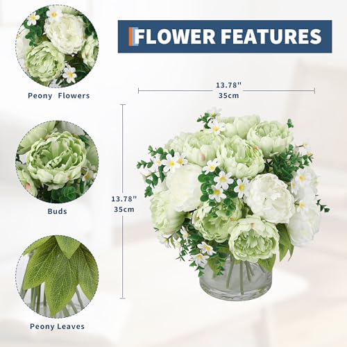 Mixed Peonies Artificial Flowers in Glass Vase, Silk Faux Peony Bouquet with Faux Water, Lifelike Fake Flower Arrangement for Home Decor, Wedding Bouquet, Table Centerpiece, Living Room Office - color: Green