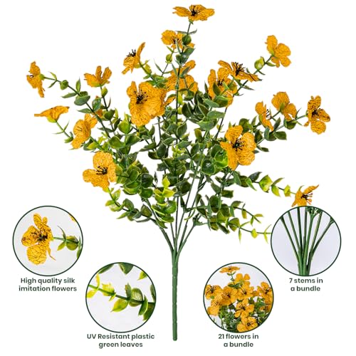 Lnoicy 20 Bundles Artificial Fake Flowers for Outdoor Faux Eucalyptus Flowers for Home Decoration,Fake Plants UV Resistant for Porch/Garden（Yellow） - color: Yellow