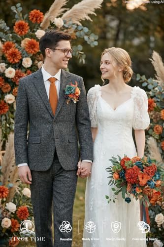 TINGE TIME Boutonniere for Men Wedding,Groom and Best Man Boutonniere for Wedding, Prom, Homecoming, Anniversary, Graduation (Burnt Orange & Dark Teal) - color: Burnt Orange & Dark Teal