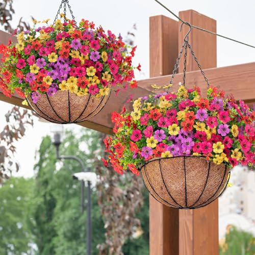 Orgrimmar 2pcs Artificial Hanging Flowers Basket Outdoor Fake Hanging Plant | UV Resistant Realistic Silk Flowers Eucalyptus in Coconut Lining Baskets for Home Porch Balcony Patio Yard Muti-Color - color: Multi Color
