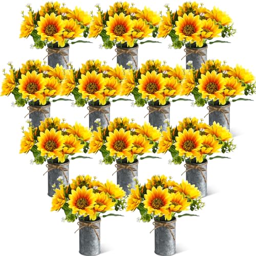 SiliFine 12 Sets Sunflowers Centerpieces for Tables Artificial Sunflower with Vase Rustic Faux Flower for Home Summer Spring Kitchen Decor (Vintage Color) - color: Vintage Color