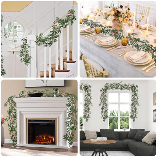 RECUTMS Artificial Hanging Willow Leaves Vine Twigs Whit Roses Flower 2Pc 5.7Ft Faux Ivy Plant Silk Green Leaf Rose Floral Garland Greenery Indoor Outdoor Wedding Jungle Birthday Party Garden Decor - color: Green With Roses