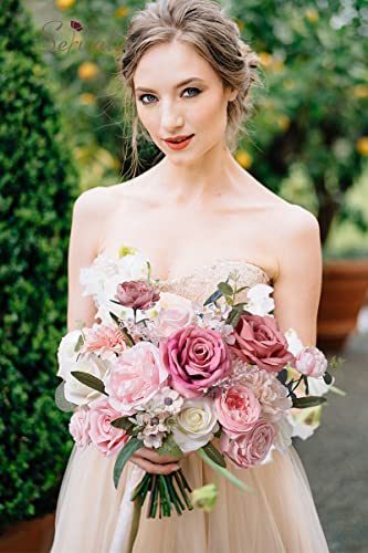 Serwalin Artificial Pink Flowers Spring Roses Silk Fake Flowers for DIY Wedding Bridal Bouquets Cake Flower Baby Shower Table Centerpieces Arrangements Decoration - color: A Athens Delicate Blush Pink, size: 1 Box