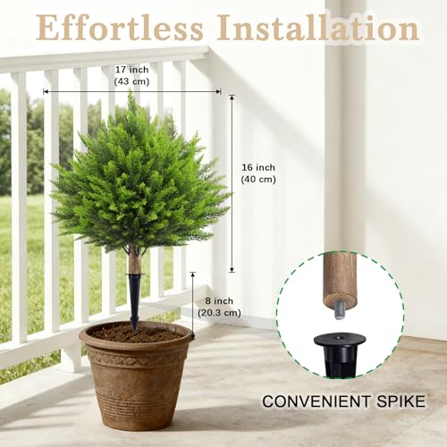 24" Artificial Ceder Topiary Trees, UV Resistant Faux Plants Shrubs Bushes Fake Greenery Plants for Front Door Indoor Outdoor Home Decor with Metallic Spike - color: Cedar Ball Tree