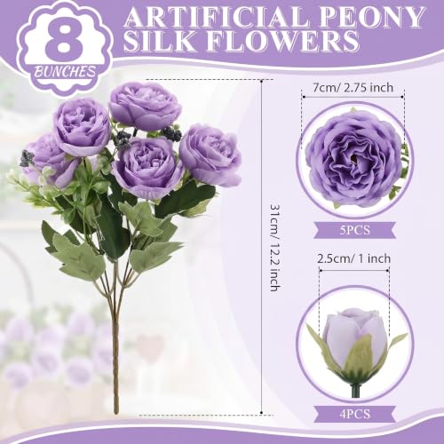 8 Bundles Artificial Peonies Flowers Boho Faux Flowers Arrangements Artificial Centerpiece Spring Bouquet Floral Wedding Decoration for Vase (Purple) - color: Purple