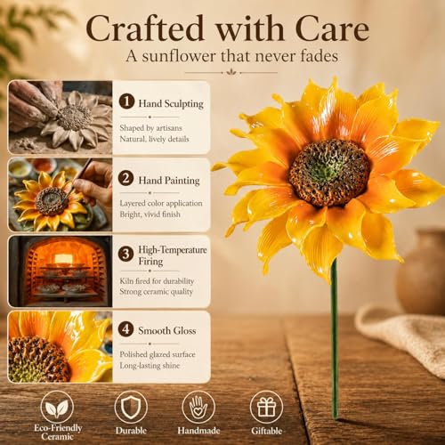 Handcrafted Ceramic Sunflower, Artificial Flower Decor, Yellow Sunflower Home Decor Women,Artificial Sunflowers Gift for Mom, Wife, Birthday & Anniversary - color: Yellow-sunflower