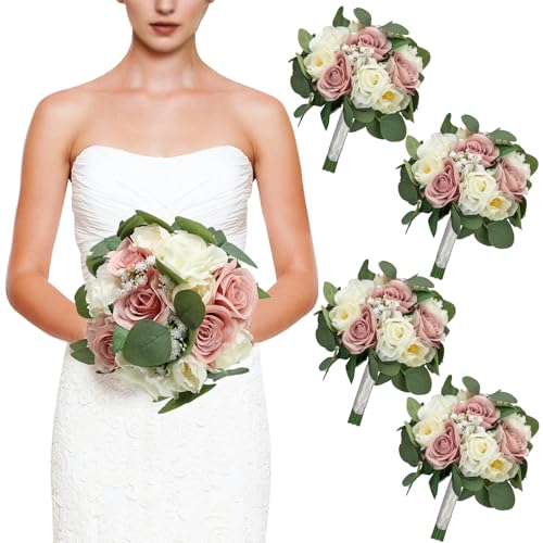 Set of 4 Bridesmaid Bouquets, 11 Inch Wedding Bouquets for Bridesmaids Artificial Flower Bouquets for Wedding Ceremony Bridal Shower Decorations - Dusty Pink & White - color: Dusty Pink & White, size: Set of 4 Bouquets