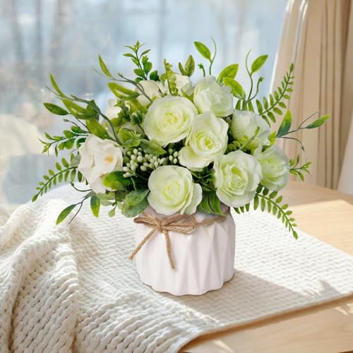 Green Artificial Silk Roses with Ceramic Vase, No Maintenance Faux Flower Arrangement, 6.3 Inch Realistic Table Decor for Home Office Wedding - color: Green