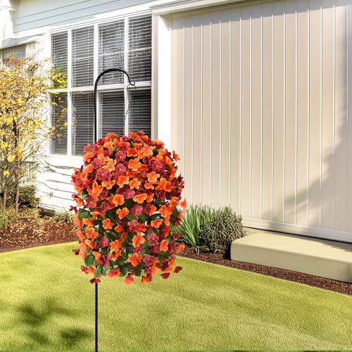 INQCMY Artificial Fake Hanging Plants Flowers Basket for Fall Autumn Outdoor Decoration,Faux Silk Begonia in Planter UV Resistant Realistic for Outside Home Porch Patio Balcony Yard Decor - color: Orange Brown