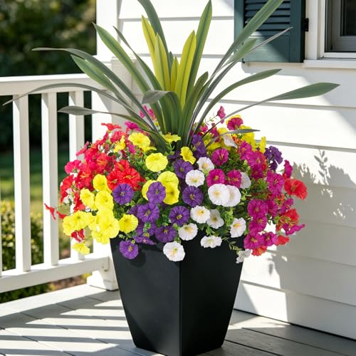 INXUGAO Artificial Flowers for Spring Outdoors Fake Plants Outside, 13 Bundles Silk Morning Glory with Eucalyptus UV Resistant Realistic Faux Flowers for Porch Planter Garden Patio Decor (Six Mixed) - color: Six Mixed(2 Purple, 2 Red, 2 Fuchsia, 2 Hot Pin