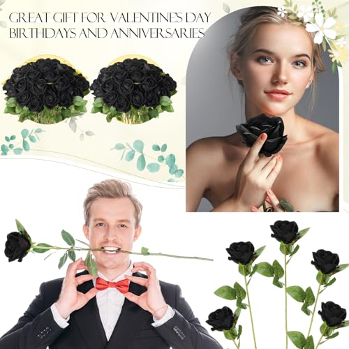 Hotop 80 Pcs Rose Artificial Flowers Bulk with Long Stem, Silk Roses Realistic Fake Flowers Bouquet for Wedding Table Centerpieces Bridal Shower Party Home Decorations(Black) - color: Black