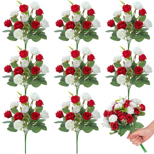 Zeyune 8 Pack Artificial Mini Red and White Roses, 12 Inch Fake Flowers with Stems, 80 Small 1.6 Inch Flower Heads, Silk Mini Rose Bouquets for Wedding Centerpieces, Bridal Bouquets, Home Party Decor - color: Red and White