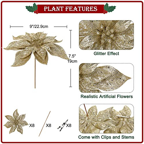 Briful 9'' Christmas Poinsettia Flowers 8PCS Champagne Glitter Artificial Flowers Large Christmas Ornament Flowers for Xmas Tree Wreath Garland Decoration - color: Champagne