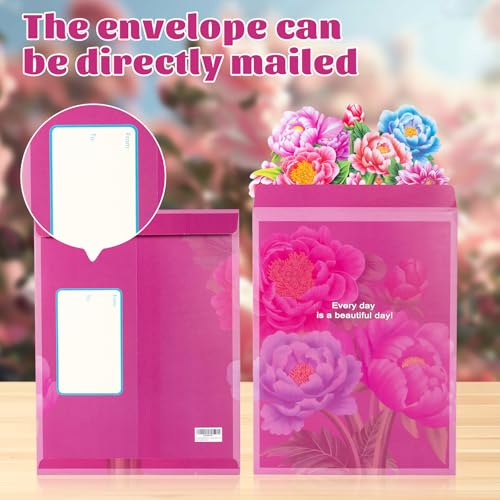 Airpark Pop Up Flower Bouquet Card for Women, 3D Floral Greeting Card with Envelope and Note, Birthday Thank You Thinking of You Get Well Gift for Mom Friend Wife Teacher, Peony - style: Peonies