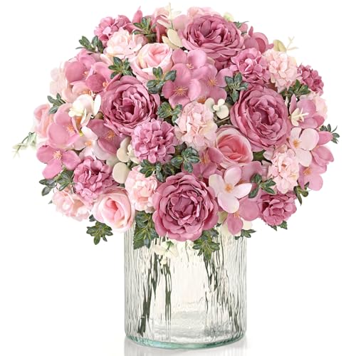 4 Packs Peonies Artificial Flowers Silk Pink Purple Artificial Peonies Bouquet Fake Flower Arrangements Mixed Roses Hydrangea with Stems for Centerpiece Table Wedding Bridal Bouquets Home Decor - color: Pink Purple