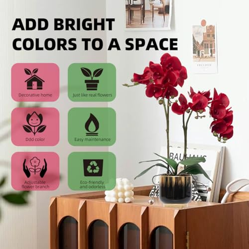 CXGS Orchids Artificial Flowers Real Touch Fake Flowers in Ceramic Pot 20" Red Faux Orchid Plant Lifelike Silk Phalaenopsis for Centerpiece Hotel Home Indoor Decor - color: Red- Blackgold Vase