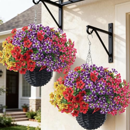 VIERENA 2 Sets Artificial Morning Glory and Eucalyptus Hanging Basket for Outdoor, UV-Resistant Fake Flower Hanging Basket, Suitable for Porch, Aisle, Garden, Patio, Eaves Decor (Mixed Color) - color: Mixed Color