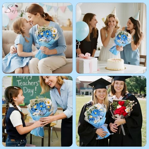 Serwalin Crochet Flower Bouquet, Blue Knitted Flowers,Roses Crochet Flowers for Valentine Day Lover Wedding Anniversary Birthday Mother’s Day Back-to-School or Graduation Ceremonies Gift (with Card) - color: Blue