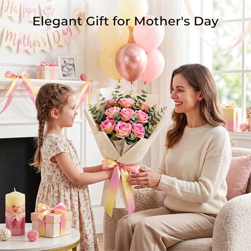 Auihiay 14PCS Yellow Pink Gradient Artificial Roses, Realistic Silk Fake Roses Flowers with Long Stem for Mother's Day, Wedding Centerpieces, Party & Home Decoration - color: Yellow Pink Gradient