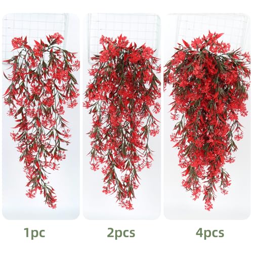 RECUTMS Artificial Hanging Plants 4 Pcs Ferns Plants Large Faux Artificial Hanging Plants Wall Plants Fake Ivy Room Decor Home Garden Wedding Party Indoor Outdoor Decorations(Red) - color: Style1-red