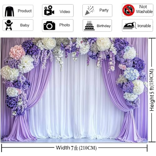 5 x 3 ft Flower Photo Backdrop Floral Purple Photography Background White Curtain Spring Wedding Baby Shower Girl Princess Birthday Party Supplies Photo Studio Props - color: Purple02, size: 5X3FT