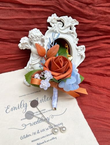 Marriwise 6pcs Rose Boutonniere for Men, Artificial Flowers Terracotta & Blue Wedding Groom Groomsmen Boutonniere for Wedding/Anniversary/Prom/Rustic Wedding/Homecoming (Terracotta & Blue) - color: Terracotta & Blue