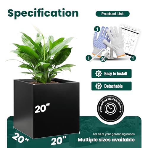 Galvanized Steel Planter Box Black Metal Planter 20Inch Large Square Indoor Outdoor Planters Cube Steel Heavy Duty Planter Powder Coating Modern Commercial Residential for Patio, Plants, Yard, Garden - color: Black, size: 20" L x 20" W x 20" H
