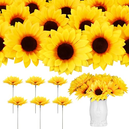 80 Pcs Large Sunflower Artificial Flowers Bulk, 4.1inch Sunflower Artificial Flower Heads Fake Sun-flower Heads with Stems Simulation Sun-flower for Wedding Decoration, Bouquets Parties (Yellow-80) - color: Yellow-80