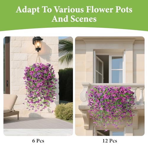 Artificial Fake Hanging Flowers Plants for Outdoor Spring Decoration,6 PCS Faux Silk Daisy with Eucalyptus Leaves,UV Resistant Look Real for Outside Home Indoor Planter Porch Patio Balcony Yard Decor - color: Mix Deep Purple & Purple, size: 6 pcs