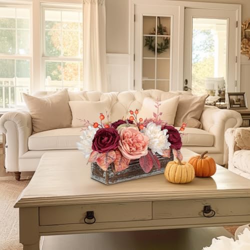 DILATATA Fall Decor Autumn Harvest Pumpkins Centerpiece - Artificial Rose Chrysanthemum Flowers Berries Arrangement in Rectangle Wooden Box for Thanksgiving Party Mantel Fall Decor - color: 12"l Burgundy&white