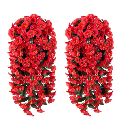 Artificial Flowers for Outdoor Decor, 2 Bundles Fake Silk Red Morning Glory Long Vines UV Resistant Realistic for Home Porch Patio Balcony Planter Decoration - color: Red