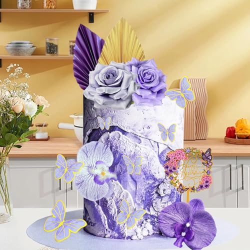 29Pcs Flower Cake Topper Palm Leaves Butterfly Ball Boho Cake Decorations Acrylic Happy Birthday Cake Toppers Cupcake Cake Insert Topper for Wedding Birthday Party Decoration Supplies(Light Purple) - color: Light Purple