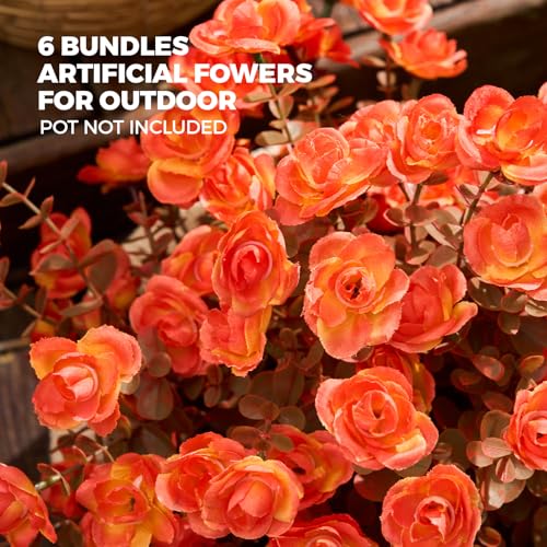 PONKING Artificial Flowers for Outdoors Patio Decoration 6 Bundles Fake Flower Rose UV Resistant Faux Plants Yard Garden Porch Home Boxwood Patio Halloween Decor, Fall Orange Flower - color: D Fall Orange Rose 6pcs