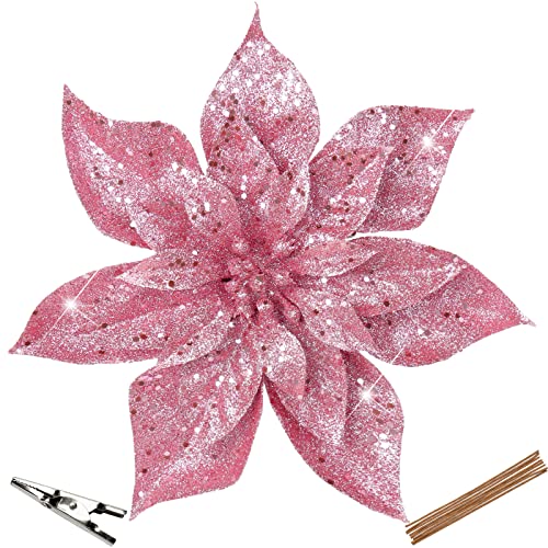 Briful 9'' Christmas Poinsettia Flowers 8PCS Pink Glitter Artificial Flowers Large Christmas Ornament Flowers for Xmas Tree Wreath Garland Decoration - color: Pink